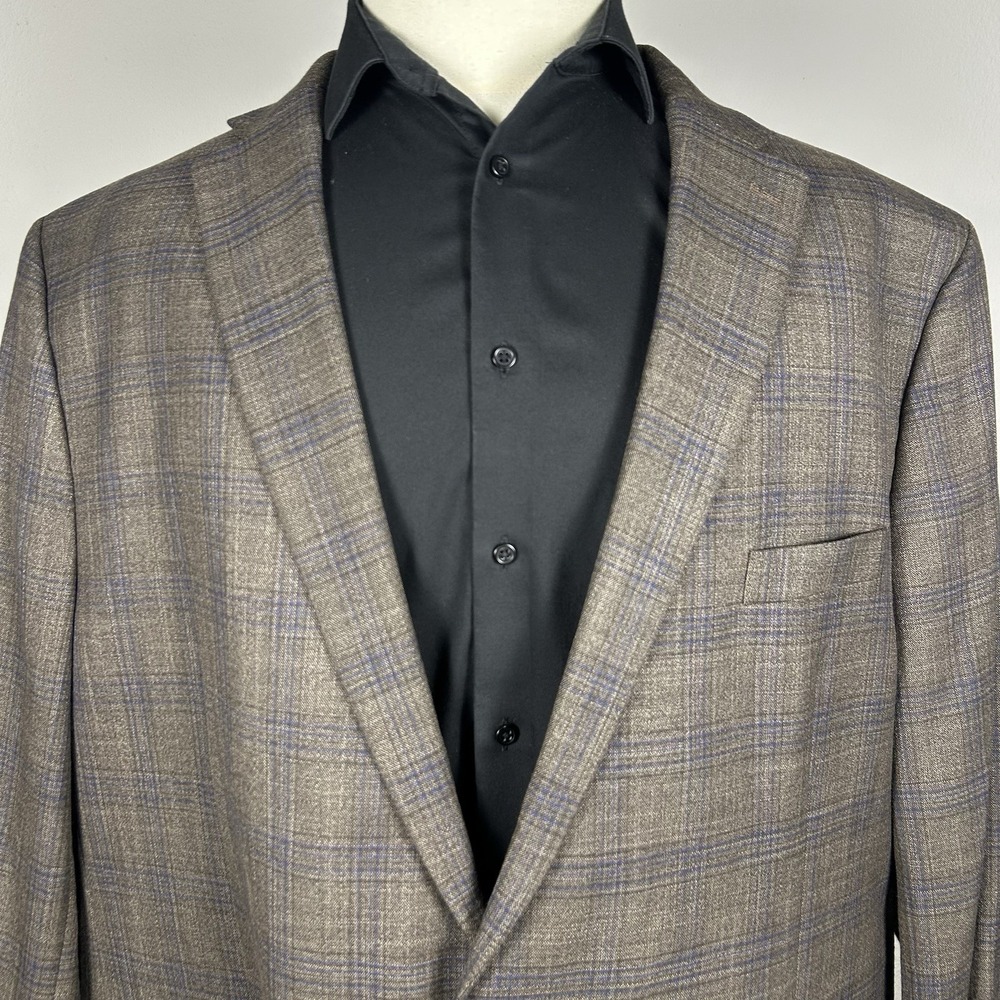 Ralph Lauren 54L Sport Coat Blazer Taupe Gray Brown Blue Windowpane 2 Button